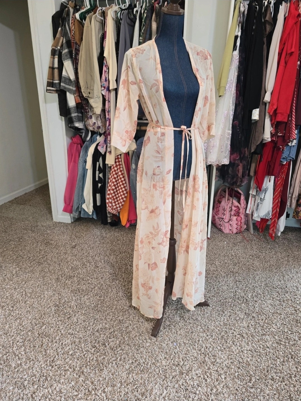 Joyfolie Sheer Floral Maxi Kimono in Light Pink and Cream